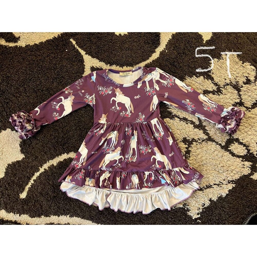 Girl 5T Unicorn Print High Low Ruffle Dress